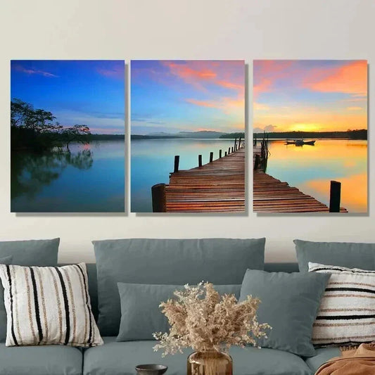 3pcs Tranquil Lake & Sunset Scene Vibrant Wall Art Set Canvas Framed 40x60cm - High Quality Print 100% Australian Made Wall Canvas Ready to Hang