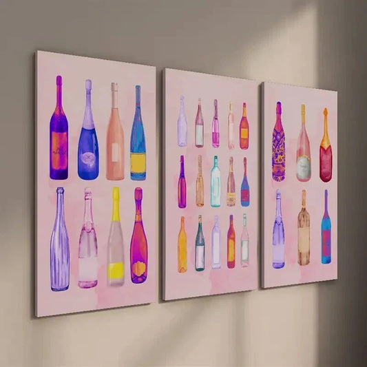 3pcs Beautiful Girly Wine Bottle Bar Cart Wall Art Set Canvas Framed 40x60cm - High Quality Print 100% Australian Made Wall Canvas Ready to Hang