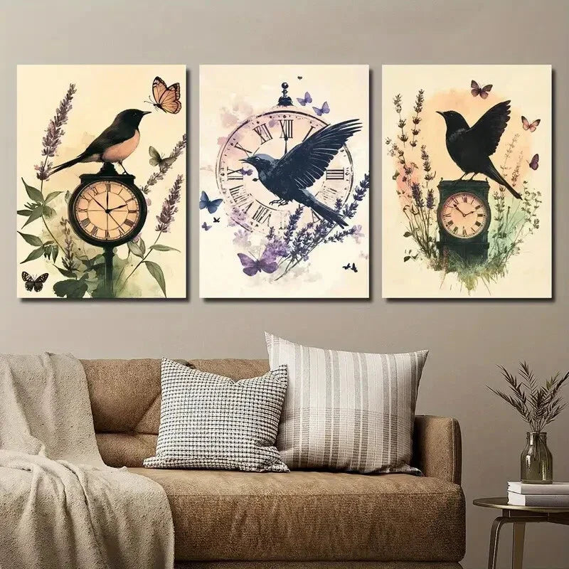 3pcs Vintage Bird & Botanical Clock Wall Art Set Canvas Framed 40x60cm - High Quality Print 100% Australian Made Wall Canvas Ready to Hang