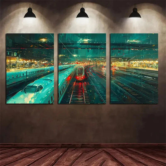 3pcs Railway Station Night View Red Light Metal Print Ready to Hang Art