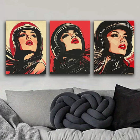 3pcs A Girl In A Bike Helmet Wall Art Set Canvas Framed 40x60cm - High Quality Print 100% Australian Made Wall Canvas Ready to Hang