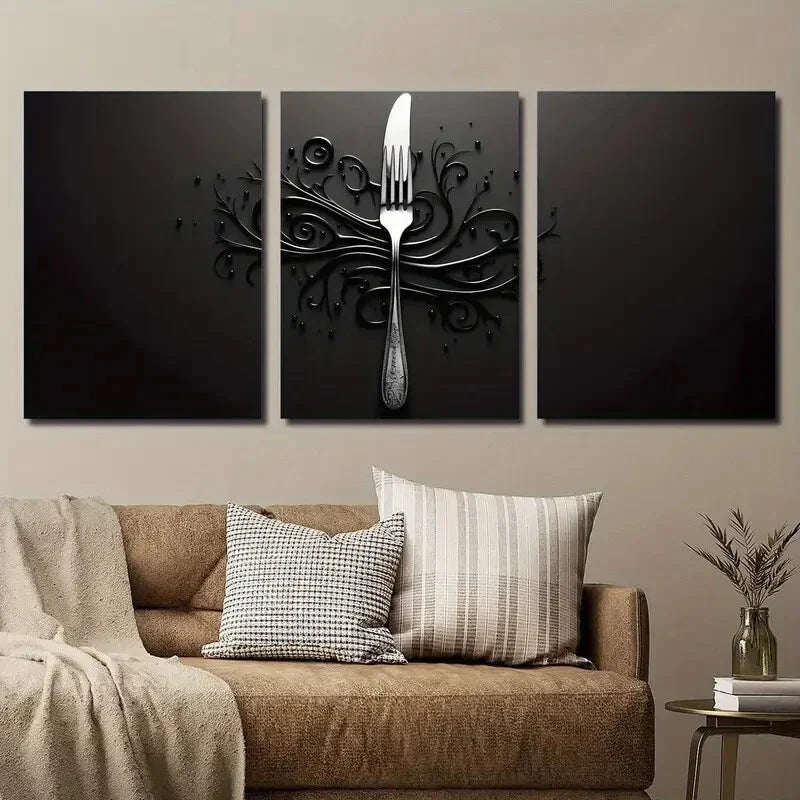 3pcs Abstract Cutlery Design Wall Art Set Canvas Framed 40x60cm - High Quality Print 100% Australian Made Wall Canvas Ready to Hang