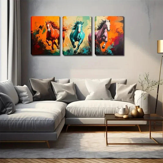 3pcs Running Forward Horse Figurative Style Wall Art Set Canvas Framed 40x60cm - High Quality Print 100% Australian Made Wall Canvas Ready to Hang
