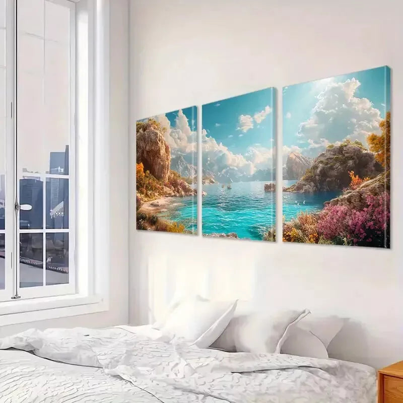 3pcsVibrant Cliffs Coastal Sunlit Turquoise Wall Art Set Canvas Framed 40x60cm - High Quality Print 100% Australian Made Wall Canvas Ready to Hang