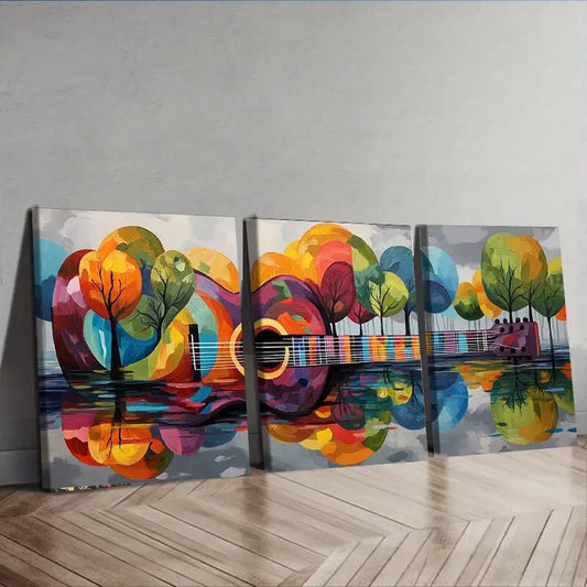 3pcs Colorful Guitar Tree Design Cool Perfect Wall Art Set Canvas Framed 40x60cm - High Quality Print 100% Australian Made Wall Canvas Ready to Hang