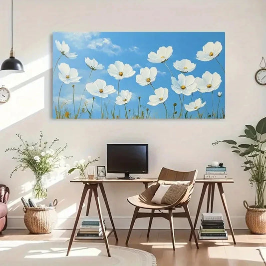 Blue Sky And White Daisies Wall Art Canvas Office Home Room Framed 120x60cm