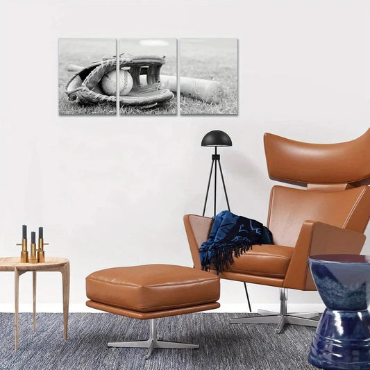 3pcs Vintage Baseball Glove Black & White Metal Print Ready to Hang Art