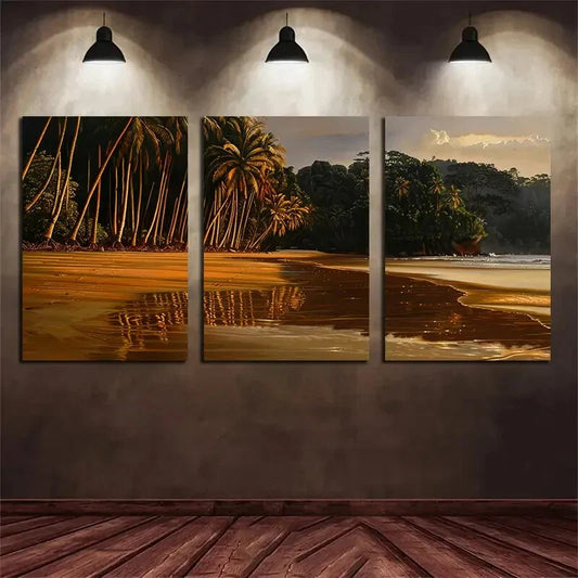 3pcs Golden Fireworks Reflected On The Beach Metal Print Ready to Hang Art