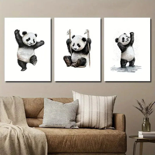 3pcs Cartoon Cute Panda Animal Metal Print Ready to Hang Art
