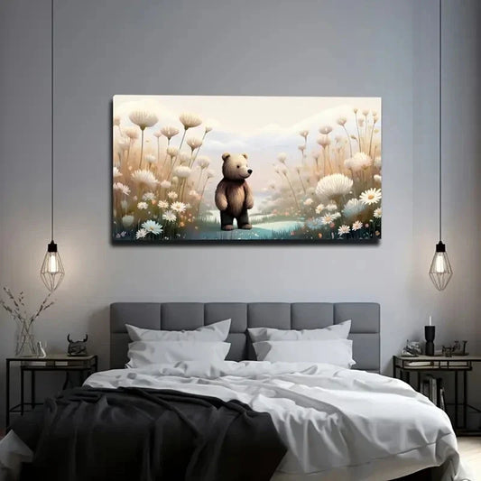 Teddy Bear In White Wildflowers Wall Art Canvas Office Home Room Framed 80x45cm
