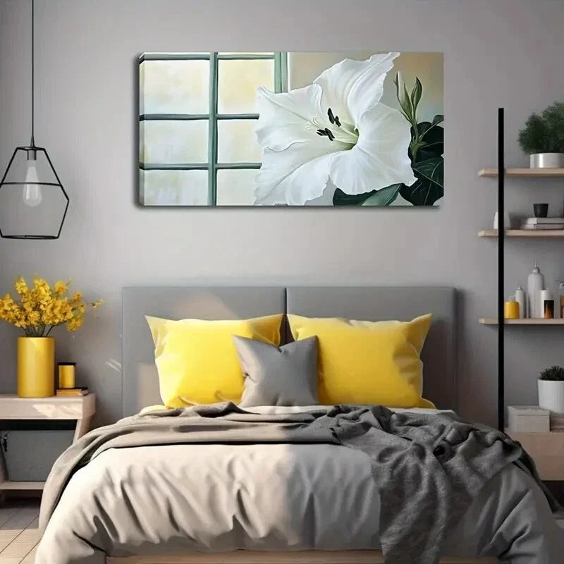 White Lilies & Green Leaves Wall Art Canvas Office Home Room Framed 120x60cm