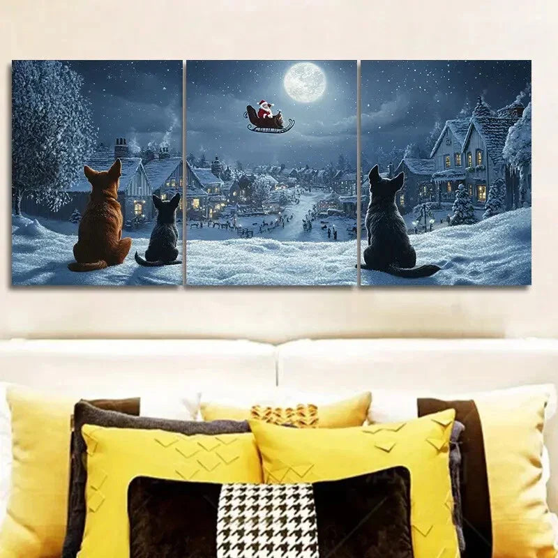 3pcs The dog looks at Santa Claus Metal Print Ready to Hang Art