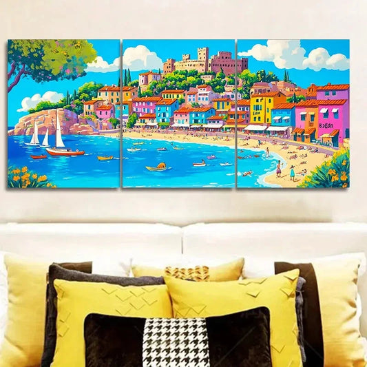 3pcs Mediterranean town Art Painting Metal Print Ready to Hang Art