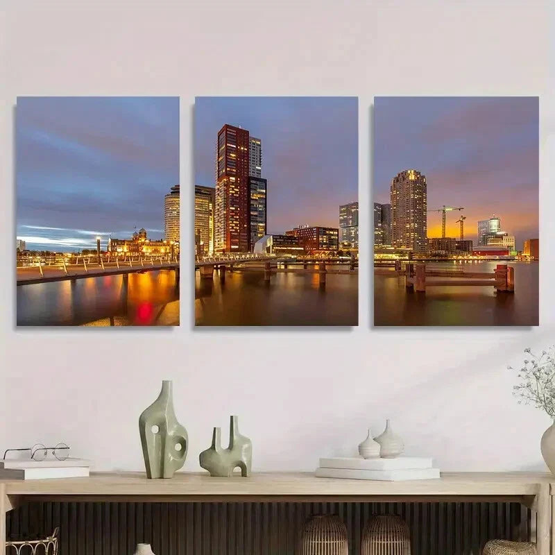 3pcs Rotterdam Cityscape at Dusk Skyline Night Metal Print Ready to Hang Art