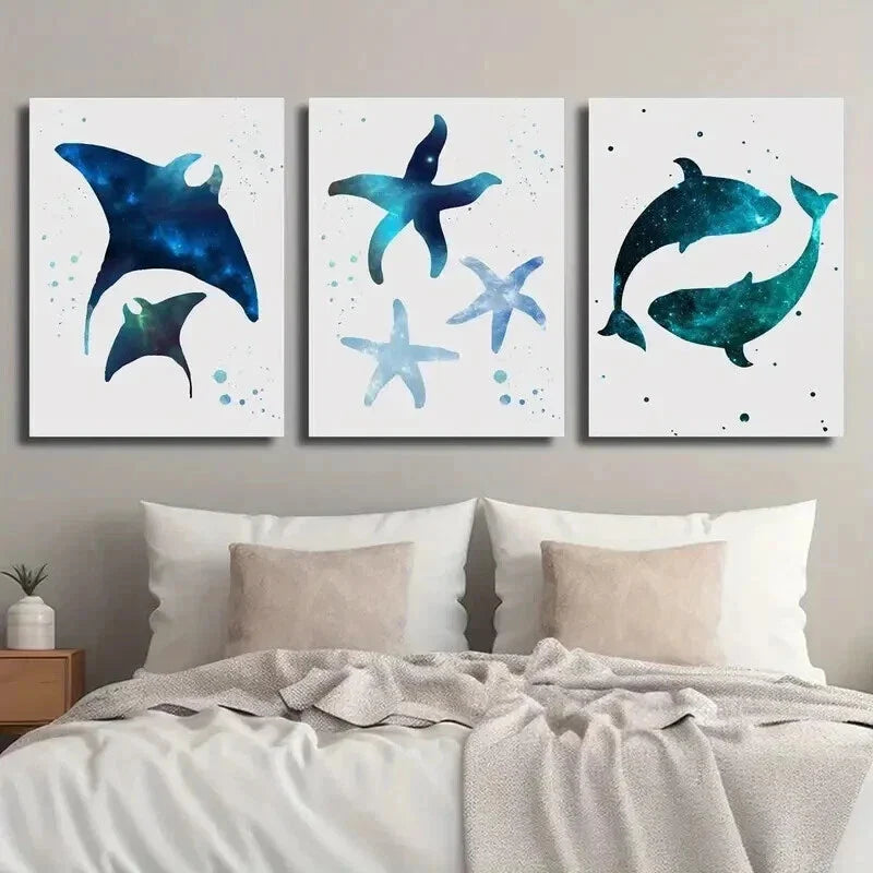 3pcs Manta Ray Nebula Starfish Whale Starry Sky Wall Art Set Canvas Framed 40x60cm - High Quality Print 100% Australian Made Wall Canvas Ready to Hang