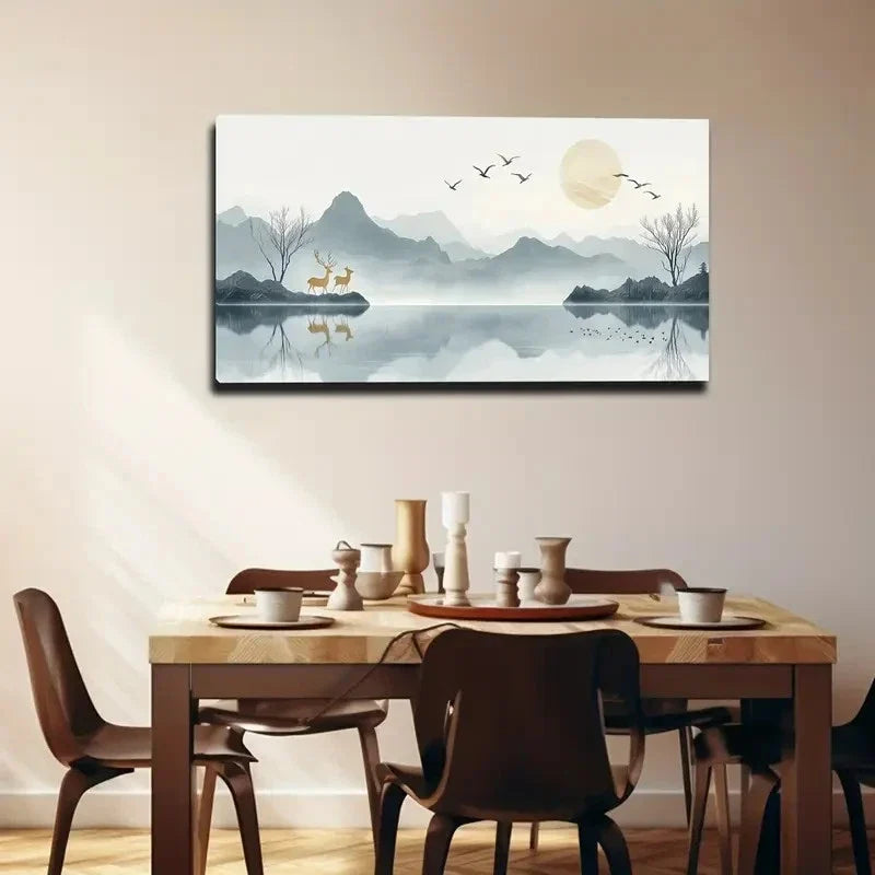 Serene Mountain And Lake Wall Art canvas office home room framed 120x60cm