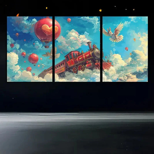 3pcs Small Train Air Balloon Blue Sky Metal Print Ready to Hang Art