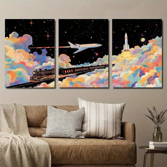3pcs Cartoon Train Plane and Rocket Space Metal Print Ready to Hang Art