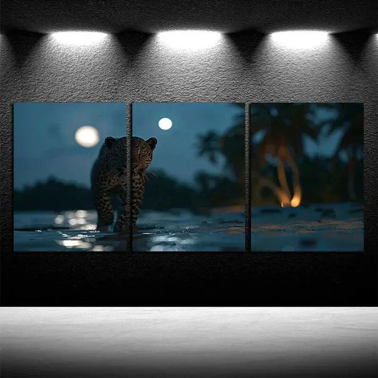 3pcs Leopard Beach Night View Moon Metal Print Ready to Hang Art