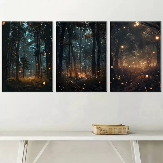 3pcs Decorative Enchanting Forest Firefly Scene Wall Art Set Canvas Framed 40x60cm - High Quality Print 100% Australian Made Wall Canvas Ready to Hang