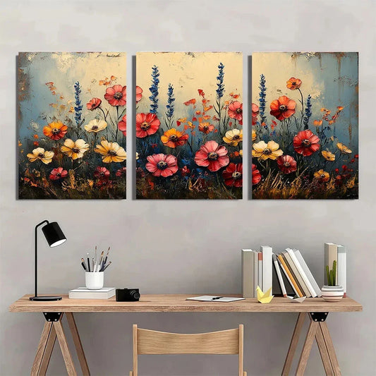 3pcs Vintage Colourful Wildflower Pink & White Metal Print Ready to Hang Art