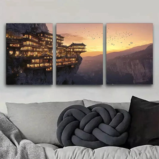 3pcss Cliffside Pagoda - Style Building Wall Art Set Canvas Framed 40x60cm - High Quality Print 100% Australian Made Wall Canvas Ready to Hang