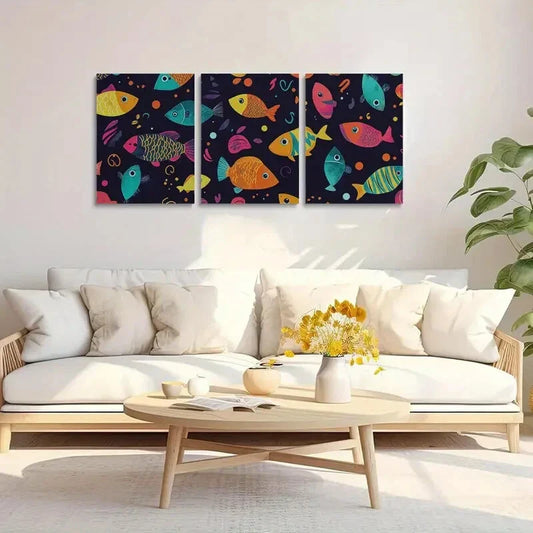 3pcs Vibrant Colorful Fish Abstract Shapes Metal Print Ready to Hang Art
