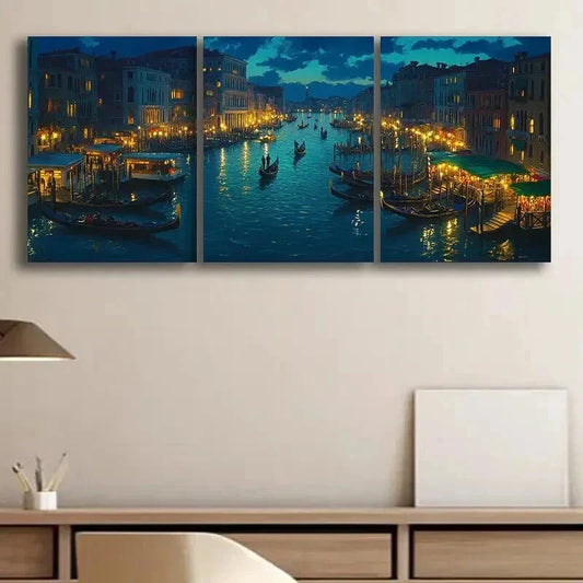 3pcs Venice's Grand Canal at Night Dark Perfect Wall Art Set Canvas Framed 40x60cm - High Quality Print 100% Australian Made Wall Canvas Ready to Hang
