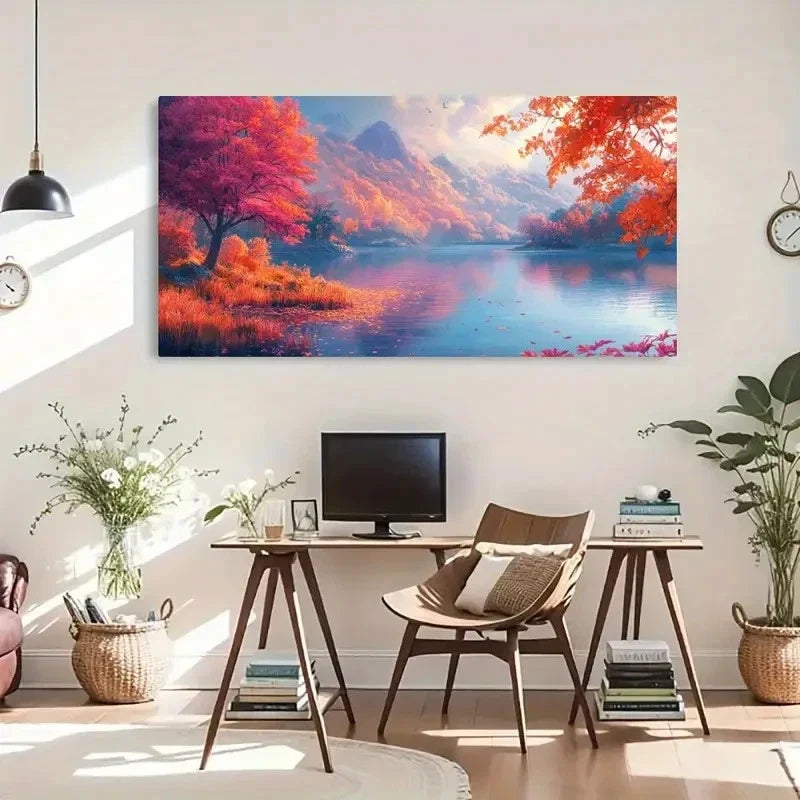 Autumn Lake Reflection Red Wall Art Canvas Office Home Room Framed 120x60cm