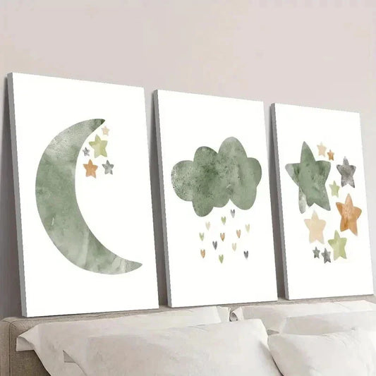 3pcs Light Green Illustration Stars and Moon Wall Art Set Canvas Framed 40x60cm - High Quality Print 100% Australian Made Wall Canvas Ready to Hang