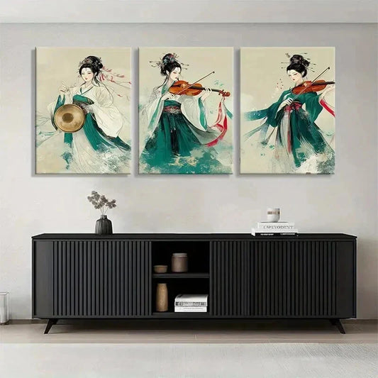 3pcs Women Playing Musical Instruments Perfect Wall Art Set Canvas Framed 40x60cm - High Quality Print 100% Australian Made Wall Canvas Ready to Hang