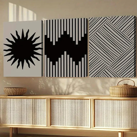 3pcs Abstract Modern Paintings Black Lines White Wall Art Set Canvas Framed 40x60cm - High Quality Print 100% Australian Made Wall Canvas Ready to Hang