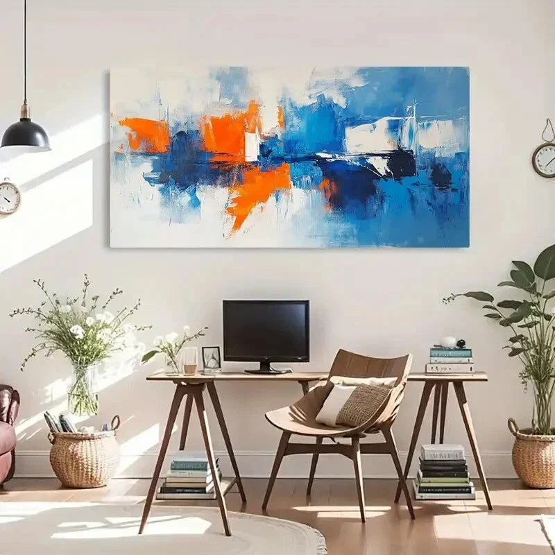Vibrant Blue & Orange Abstract Wall Art Canvas Office Home Room Framed 120x60cm
