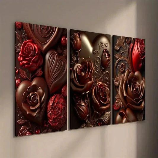 3pcs Chocolate Rose with Golden Accents Wall Art Set Canvas Framed 40x60cm - High Quality Print 100% Australian Made Wall Canvas Ready to Hang