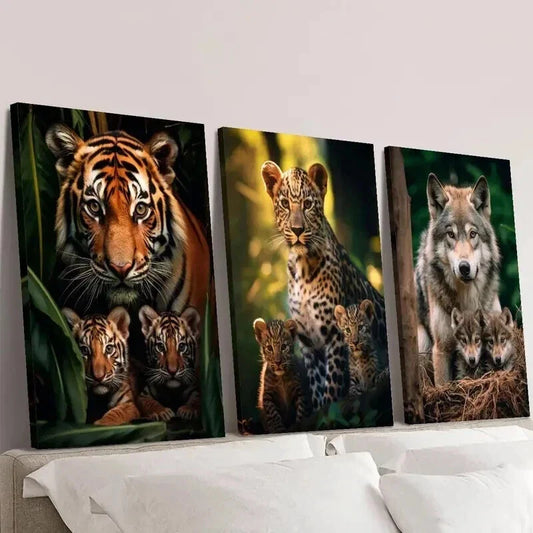 3pcs Vibrant Tiger Leopard & Wolf Family Wall Art Set Canvas Framed 40x60cm - High Quality Print 100% Australian Made Wall Canvas Ready to Hang