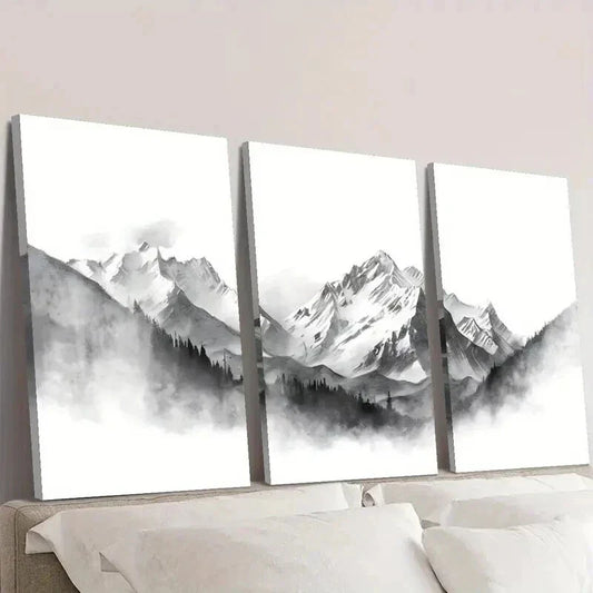 3pcs Snow Capped Peaks and Foggy Forest Scenery Wall Art Set Canvas Framed 40x60cm - High Quality Print 100% Australian Made Wall Canvas Ready to Hang