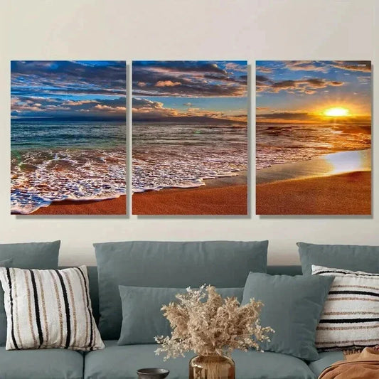 3pcs Beach Sunset Ocean with Sandy Shore Wall Art Set Canvas Framed 40x60cm - High Quality Print 100% Australian Made Wall Canvas Ready to Hang