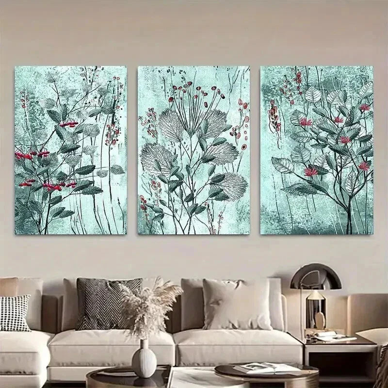 3pcs Blue & Green Leaf Design with Red Berries Wall Art Set Canvas Framed 40x60cm - High Quality Print 100% Australian Made Wall Canvas Ready to Hang