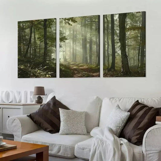 3pcs Classic Style Green Fall Forest Sun Rays Wall Art Set Canvas Framed 40x60cm - High Quality Print 100% Australian Made Wall Canvas Ready to Hang