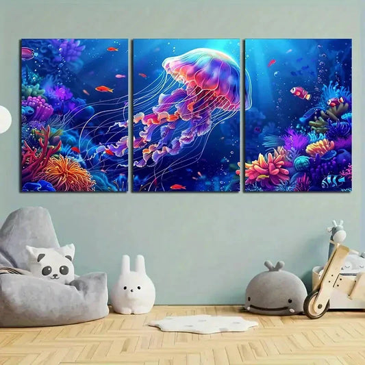 3pcs Marine Life Jellyfish and Coral Reef Metal Print Ready to Hang Art