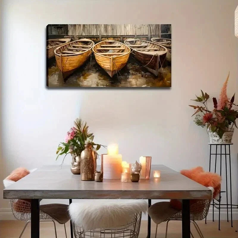 Wooden Boats Docked at Pier Wall Art Canvas Office Home Room Framed 80x45cm