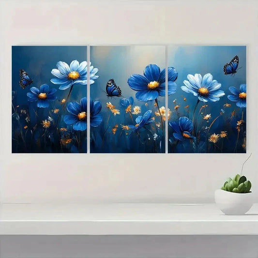 3pcs Vibrant Blue Flowers with Butterflies Metal Print Ready to Hang Art