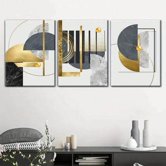 3pcs Featuring Abstract Shapes in Golden And Black Metal Print Ready to Hang Art