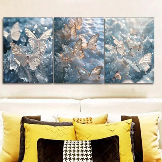 3pcs Glittering Butterflies Over Water Wall Art Set Canvas Framed 40x60cm - High Quality Print 100% Australian Made Wall Canvas Ready to Hang