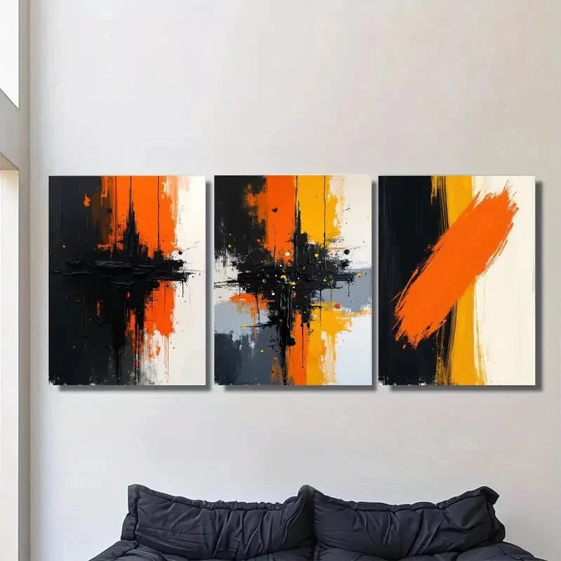 3pcs Vibrant Orange & Black White & Gray Accents Metal Print Ready to Hang Art