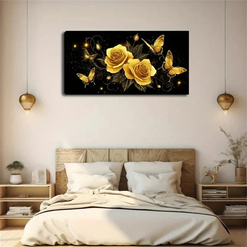Golden Roses & Butterflies Wall Art Canvas Office Home Room Framed 120x60cm