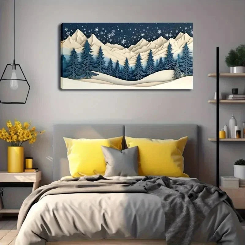 Deep Blue Pine Trees & Snowy Wall Art Canvas Office Home Room Framed 120x60cm