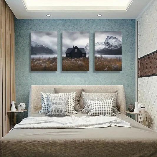 3pcs Black Cottage with Snowy Mountains Perfect Wall Art Set Canvas Framed 40x60cm - High Quality Print 100% Australian Made Wall Canvas Ready to Hang