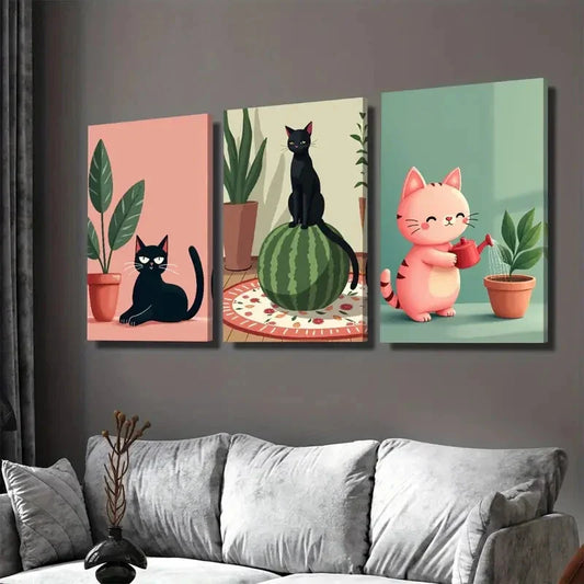3pcs Charming Cat Cute Black And Pink Kitties Wall Art Set Canvas Framed 40x60cm - High Quality Print 100% Australian Made Wall Canvas Ready to Hang