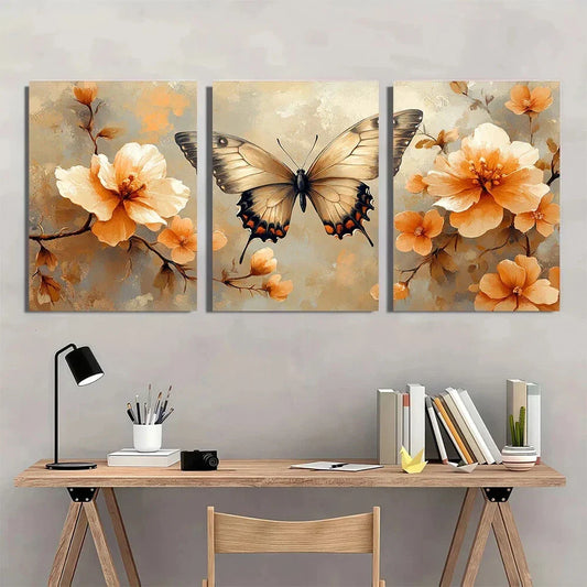 3pcs Beige Floral and Butterfly Serene Nature Metal Print Ready to Hang Art